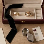 Bijoux cartier femme : bague et bracelet sur fond velours et bois