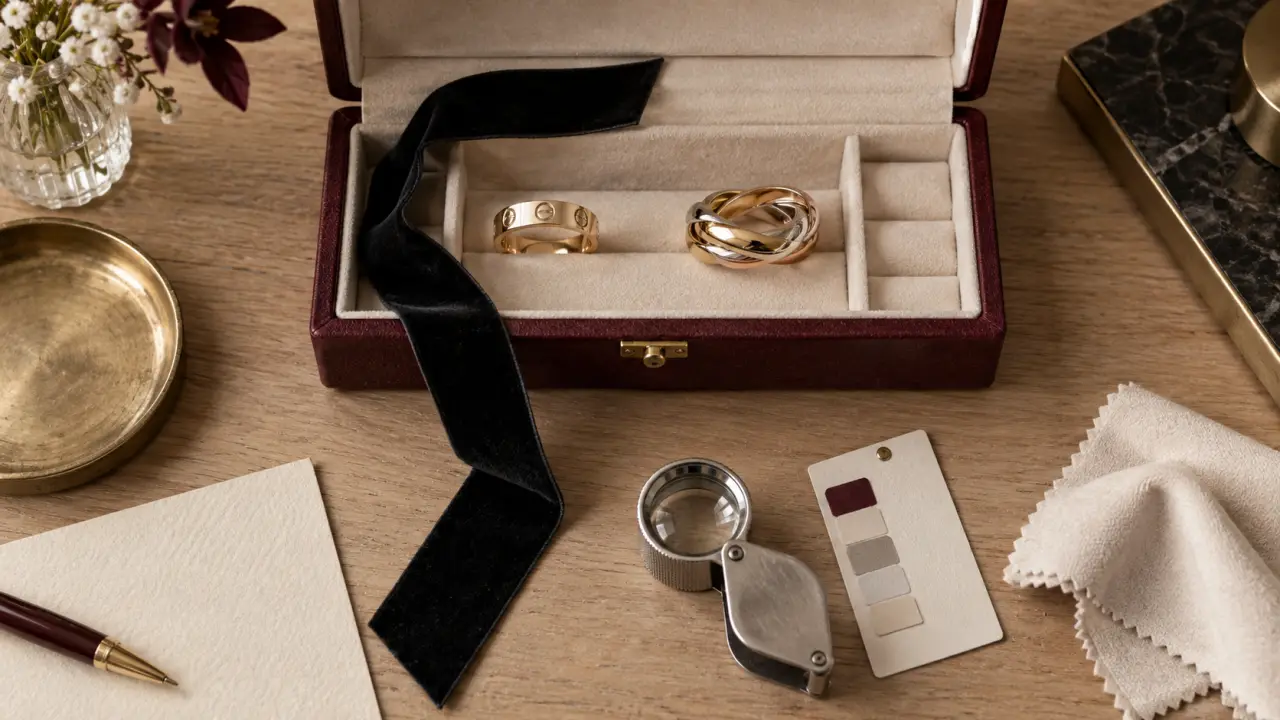 Bijoux cartier femme : bague et bracelet sur fond velours et bois