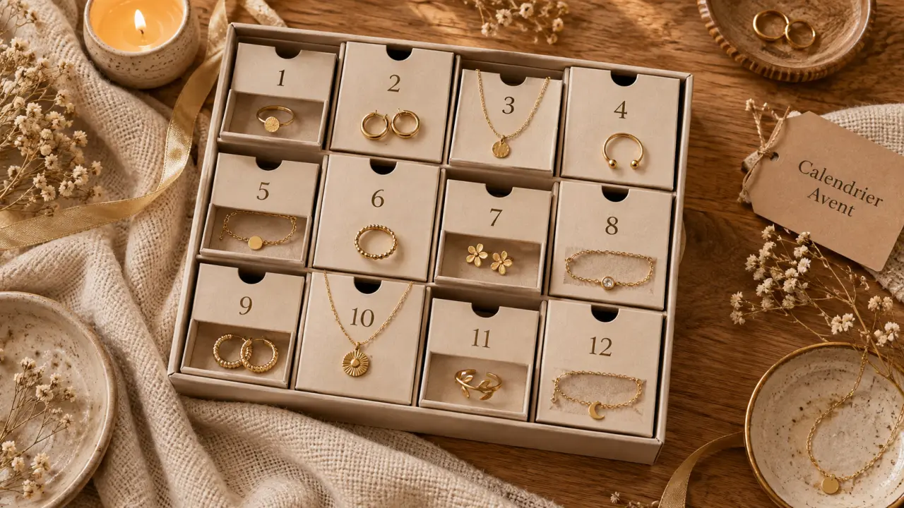 calendrier de lavent femme bijoux ouvert, cases numérotées et bijoux dorés