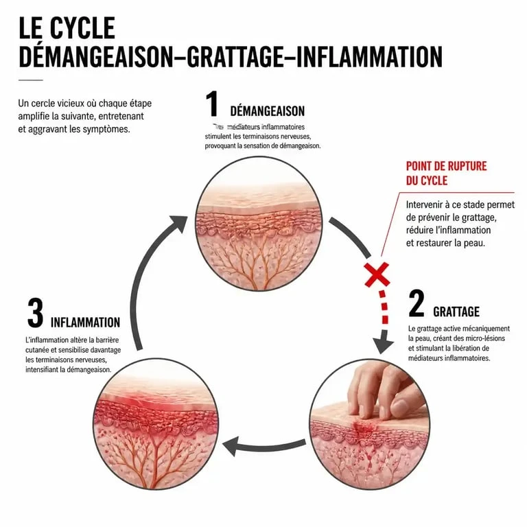 Cycle démangeaison grattage inflammation dans l'eczéma du visage et rôle de la crème eczéma visage