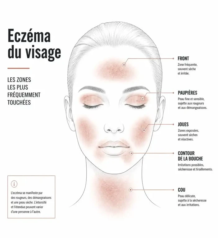 Schéma des zones du visage touchées par l'eczéma pour choisir la bonne crème eczéma visage