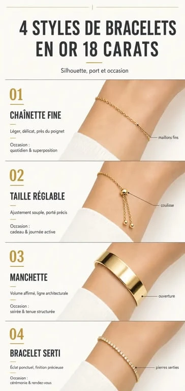 Bracelet or 18 carats femme : comparaison visuelle des styles chaînette, réglable, manchette et serti
