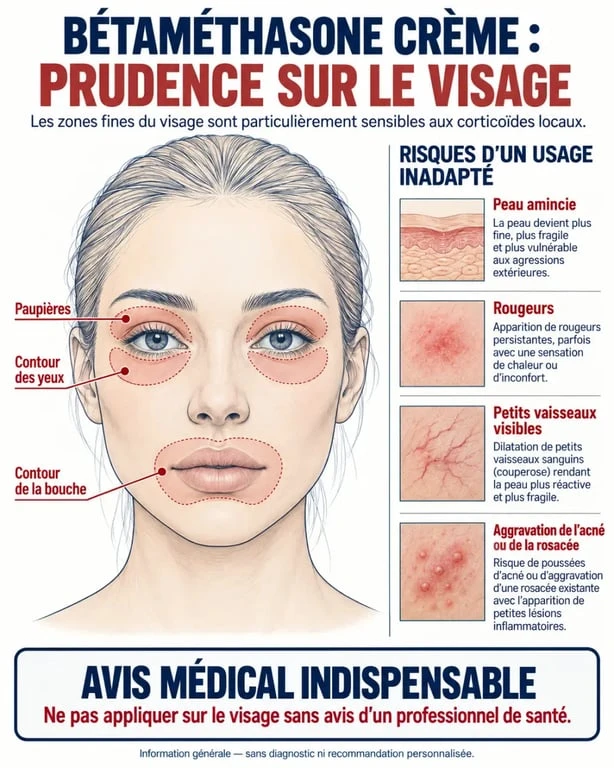 Infographie sur la bétaméthasone crème visage, zones sensibles et risques d’un usage inadapté
