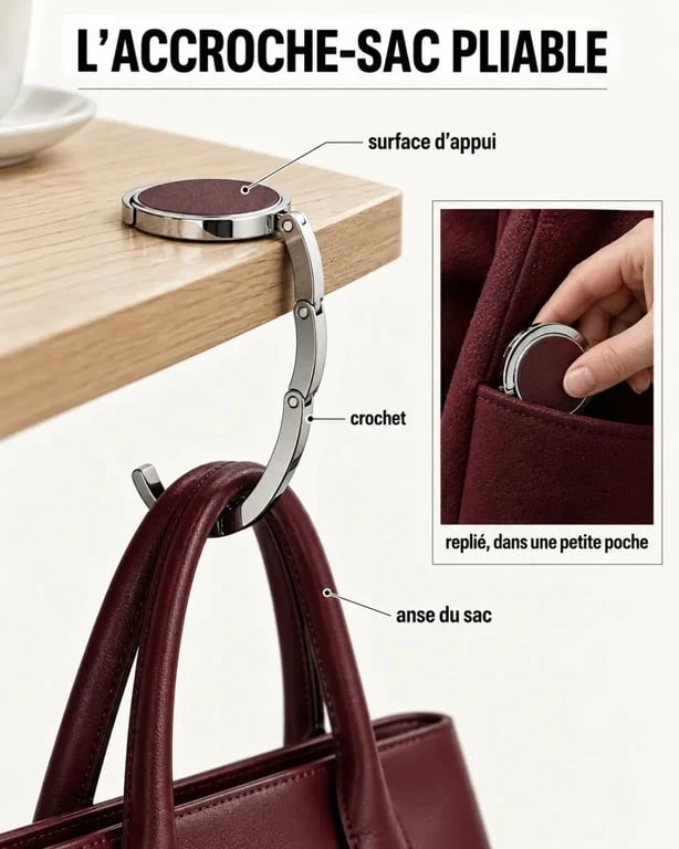 Accroche-sac à main pliable déployé sur une table avec un sac suspendu