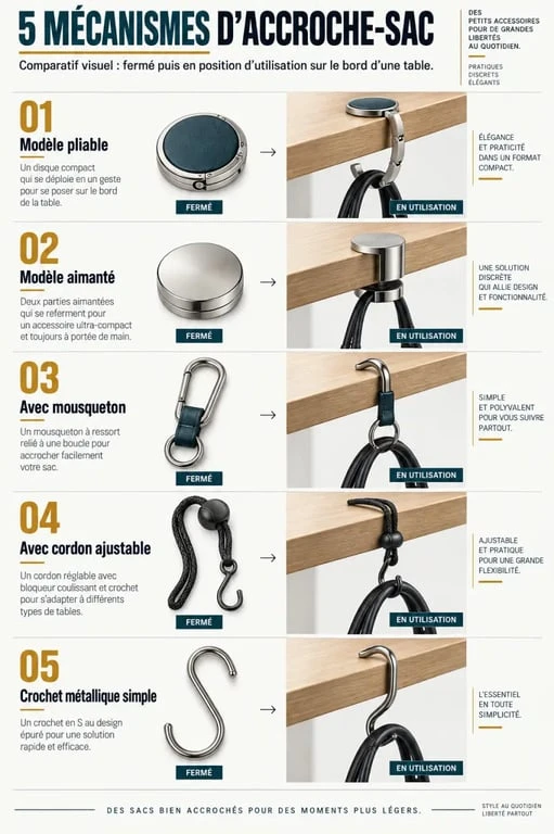 Infographie des mécanismes d’accroche-sac à main pliable, aimanté, avec mousqueton ou cordon
