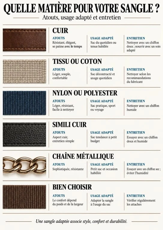 Infographie comparative des matières pour choisir une sangle de sac à main