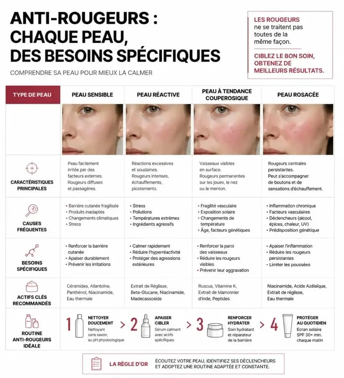 Tableau comparatif des besoins de la peau pour trouver la meilleure crème anti-rougeurs visage efficace