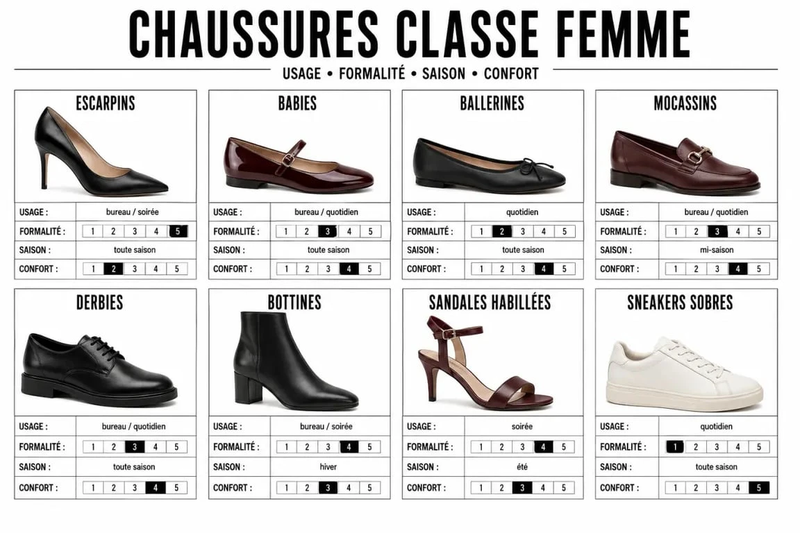 Chaussures classe pour femme : comparaison visuelle des modèles élégants selon l’usage, la saison et le confort