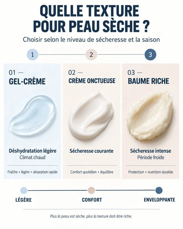 Infographie sur le choix d'une crème pour peau sèche visage selon la texture