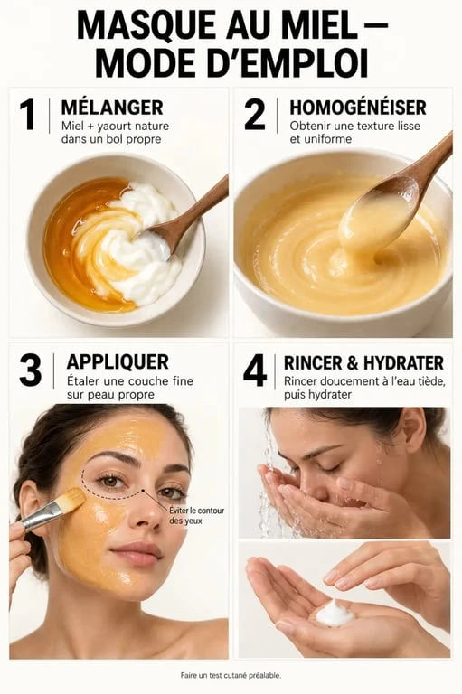 Étapes d’application d’un masque au miel pour le visage, de la préparation au rinçage