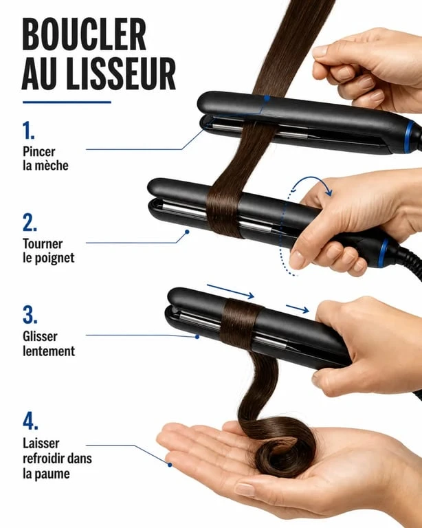 Comment boucler ses cheveux avec un lisseur : geste de rotation du poignet sur une mèche