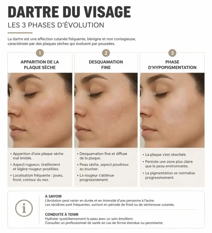 Schéma explicatif de l'évolution d'une dartre sur le visage