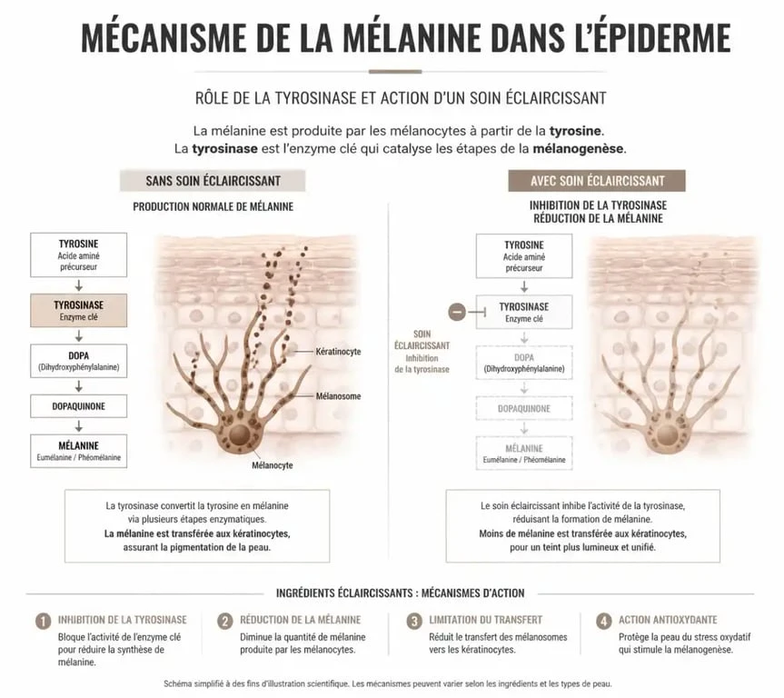 Schéma explicatif du fonctionnement d'une crème éclaircissante visage sur la mélanine