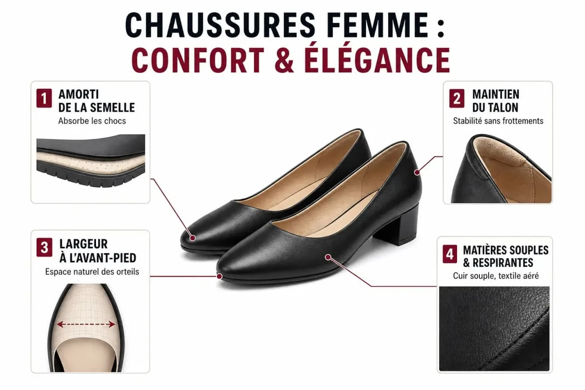 Infographie chaussures femme confortables et élégantes : critères de semelle, maintien, largeur et matières