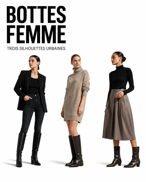 Idées de looks avec chaussures botte femme pour jean, robe-pull et jupe midi