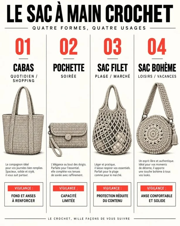 Comparatif visuel des modèles de sac à main crochet selon leur usage