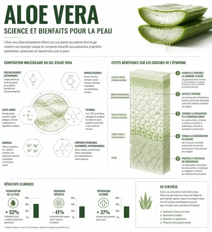 Infographie sur les bienfaits de la crème aloe vera visage pour l'hydratation cutanée