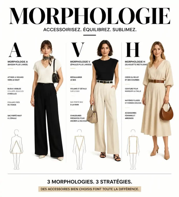 Comment choisir ses accessoires de mode selon sa morphologie : silhouettes A, V et H avec accessoires recommandés