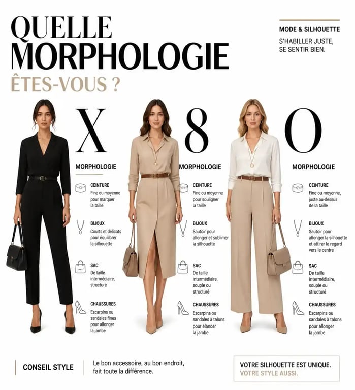Comment choisir ses accessoires de mode selon sa morphologie : silhouettes X, 8 et O avec accessoires équilibrés