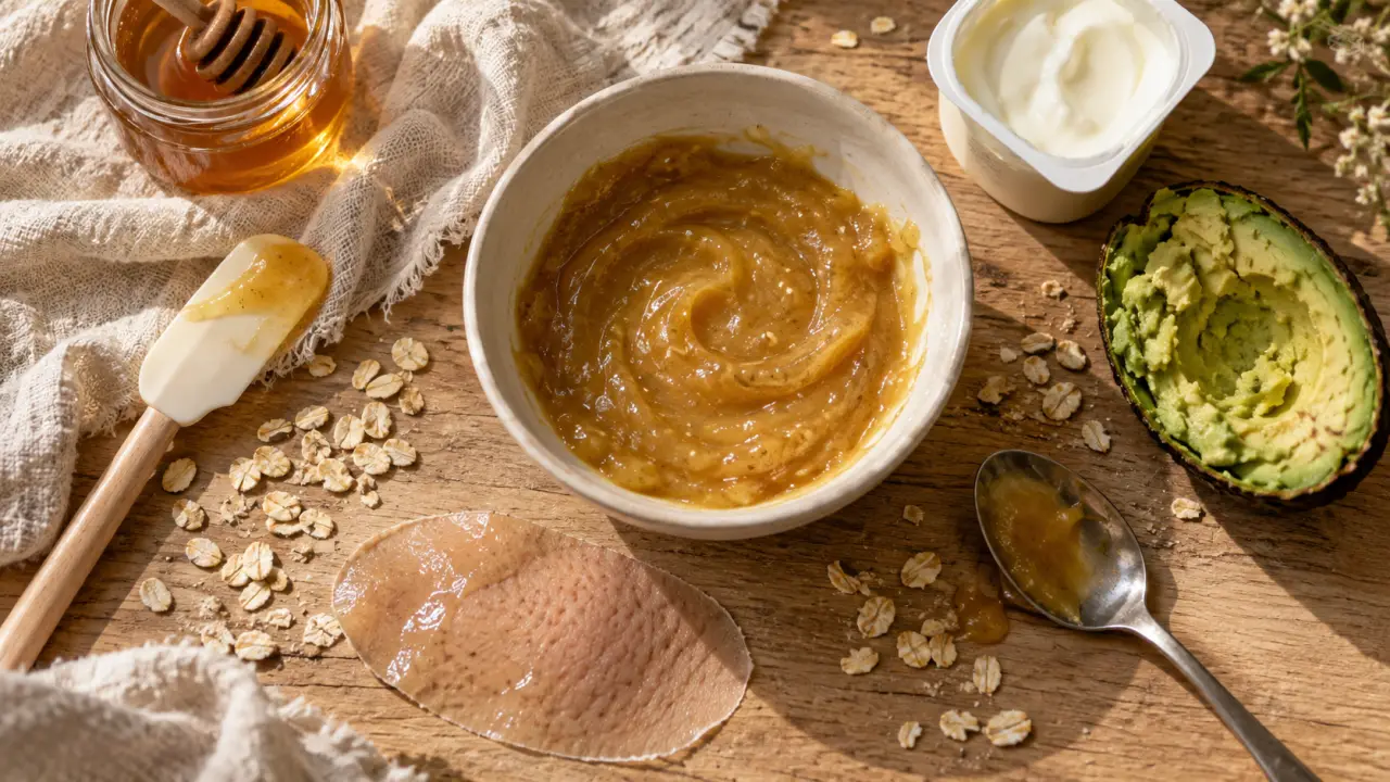 Masque au miel visage : bol et ingrédients sur table en bois