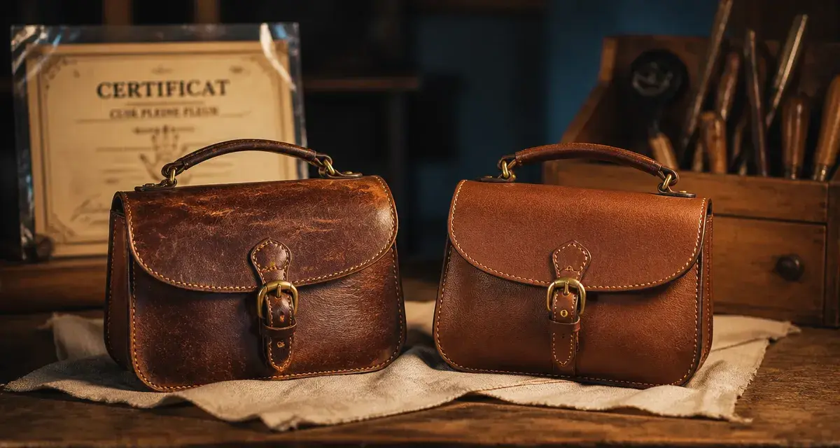 Sac à main vintage authentique et modèle inspiré côte à côte, gros plan cuir et fermoirs.