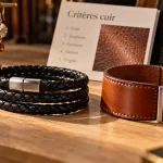 Bijoux cuir femme : bracelet cuir tressé noir et manchette cognac
