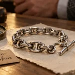 Bijoux Hermès femme : bracelet Chaîne d’Ancre vérifié, fermoir et bague en gros plan