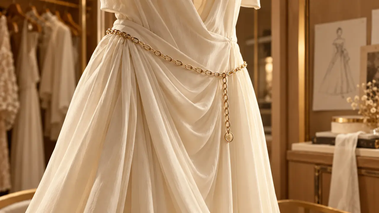 Ceinture bijoux femme en chaîne dorée sur robe ivoire