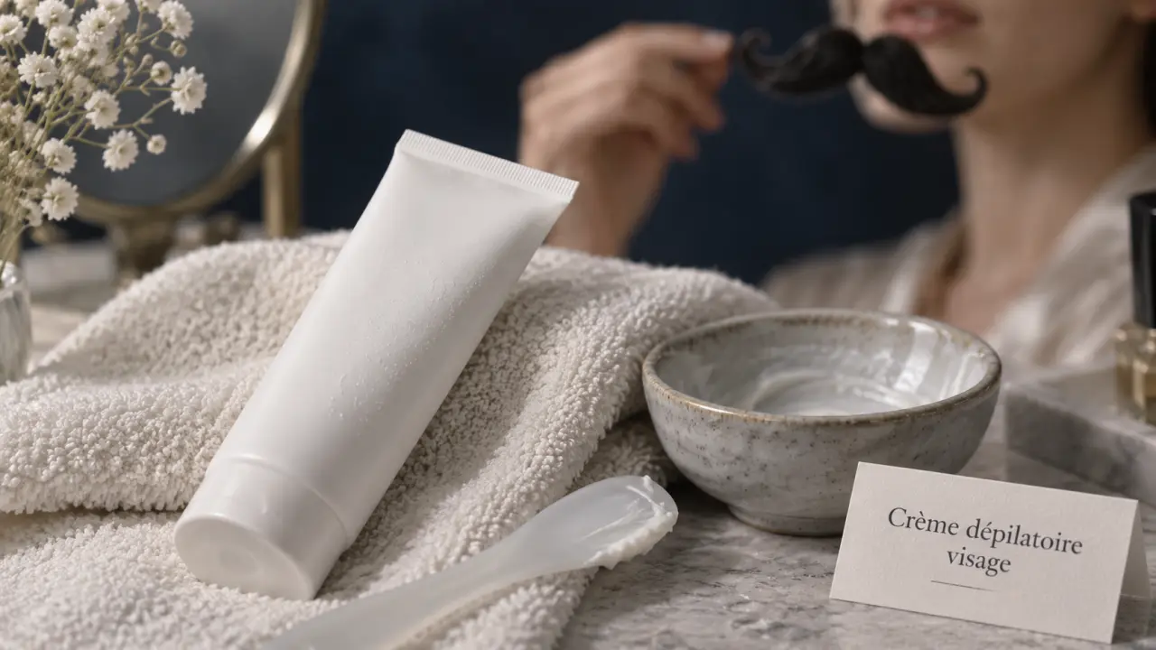Crème dépilatoire pour le visage : tube sur serviette, application visage