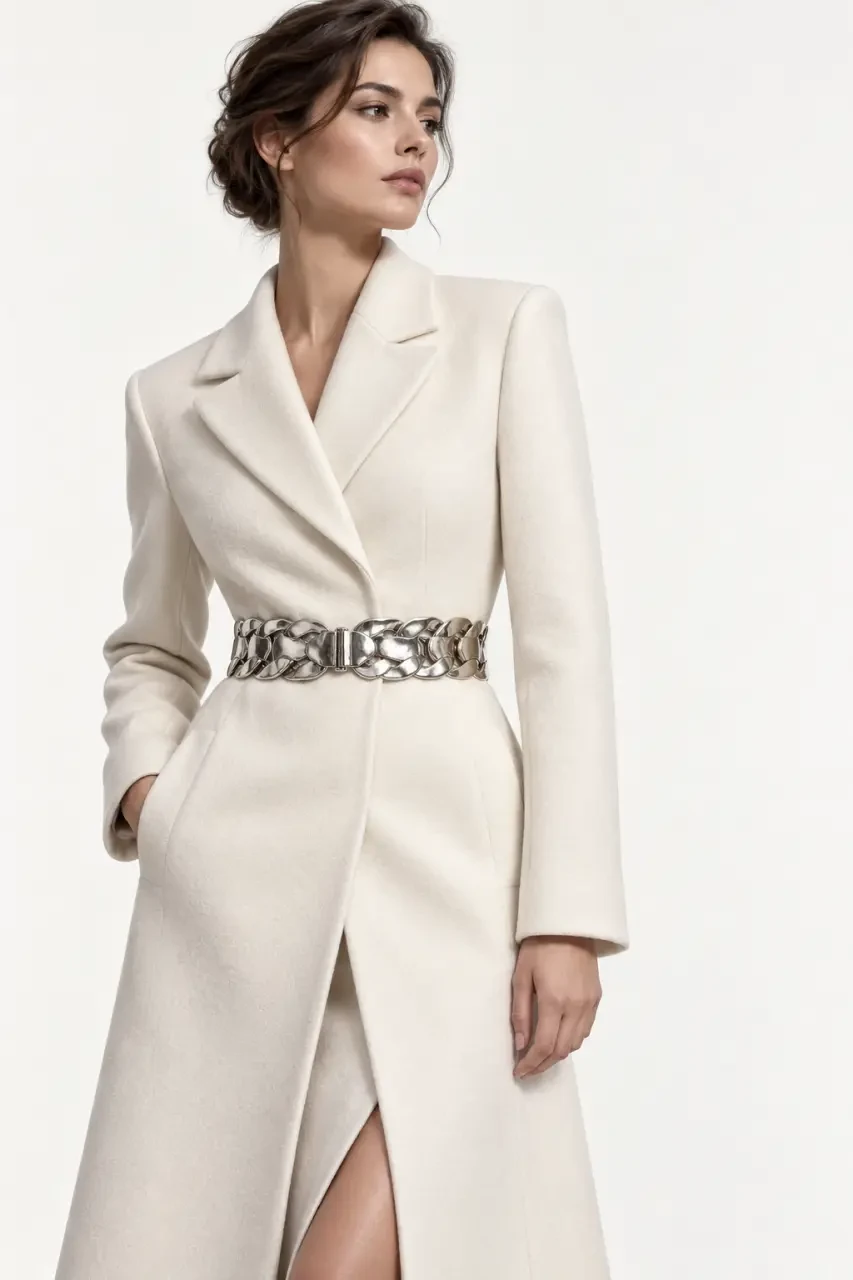Ceinture bijoux femme portée sur un manteau droit