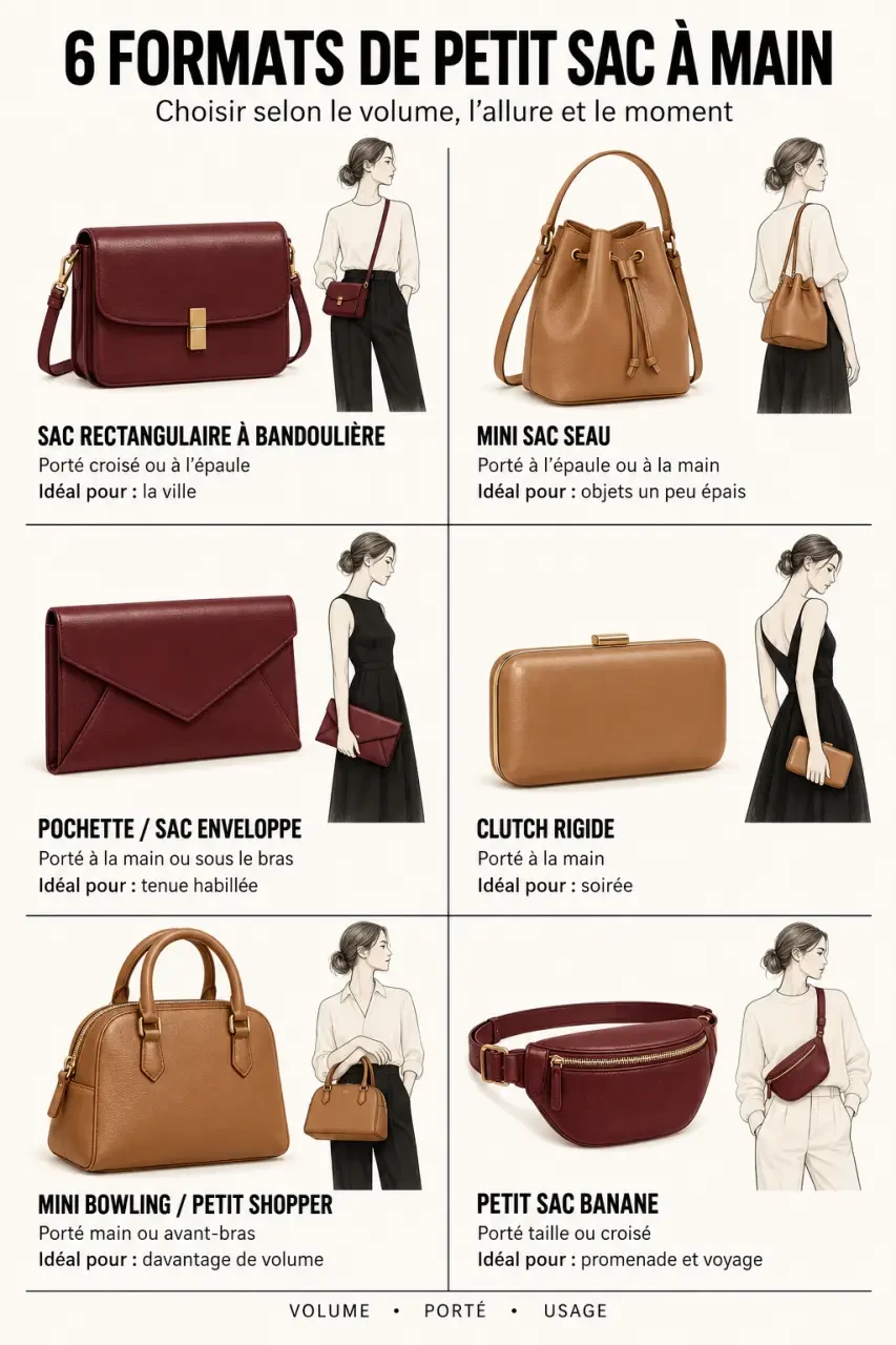 Infographie des formats de petit sac à main selon l’usage et le mode de port