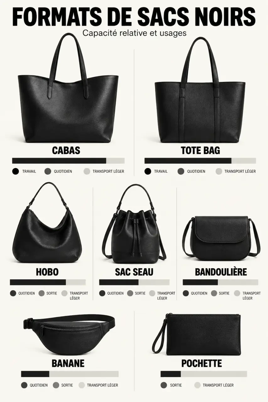 Infographie des formats de sac à main noir et de leurs usages
