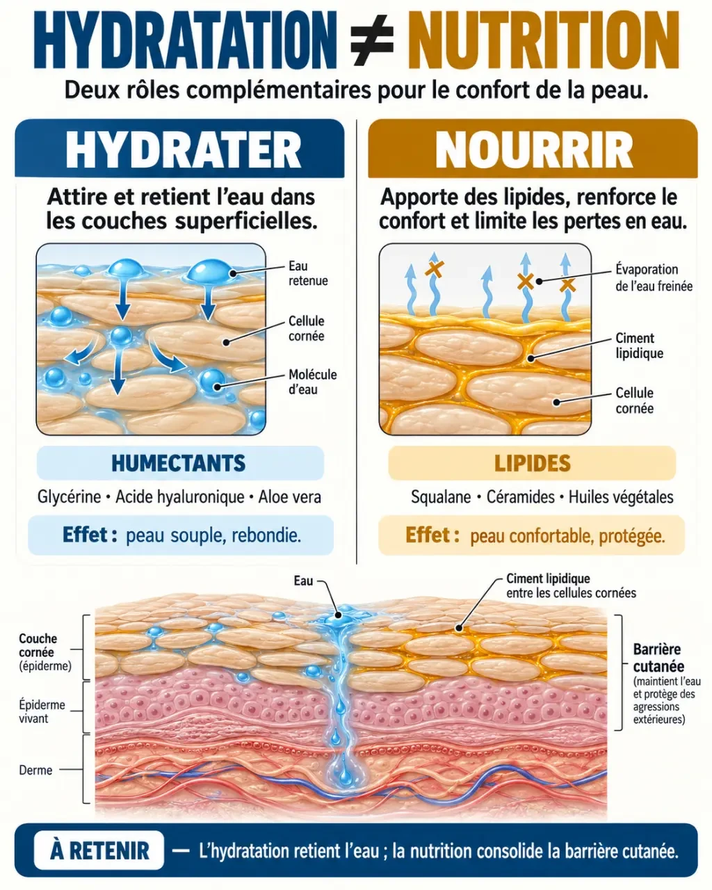 Infographie sur la crème nourrissante visage, l’hydratation, les lipides et la barrière cutanée