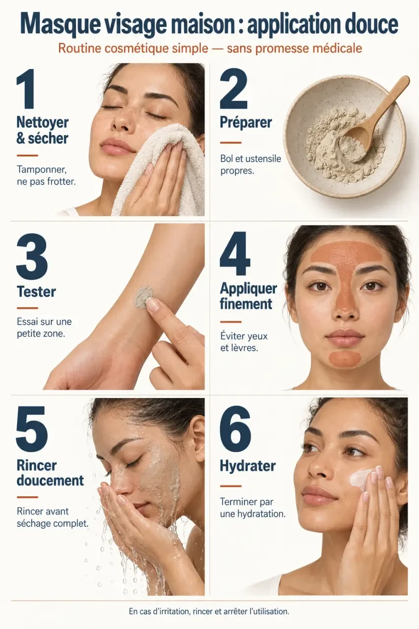 Étapes d’un masque bouton visage maison avec préparation, application et rinçage doux