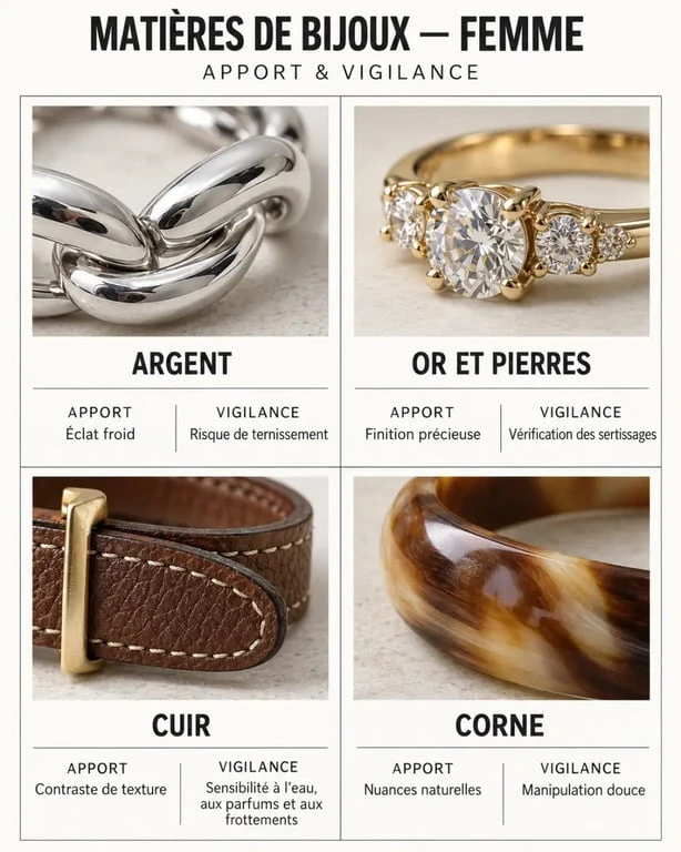 Bijoux Hermès femme : matières et points de vigilance pour l’argent, l’or, le cuir et la corne