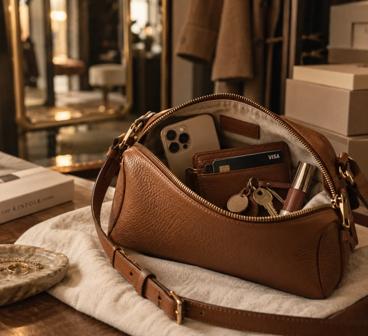 Petit sac à main en cuir camel avec téléphone, clés et cartes