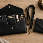 Pochette sac à main en cuir noir ouverte, essentiels rangés, téléphone et clés visibles