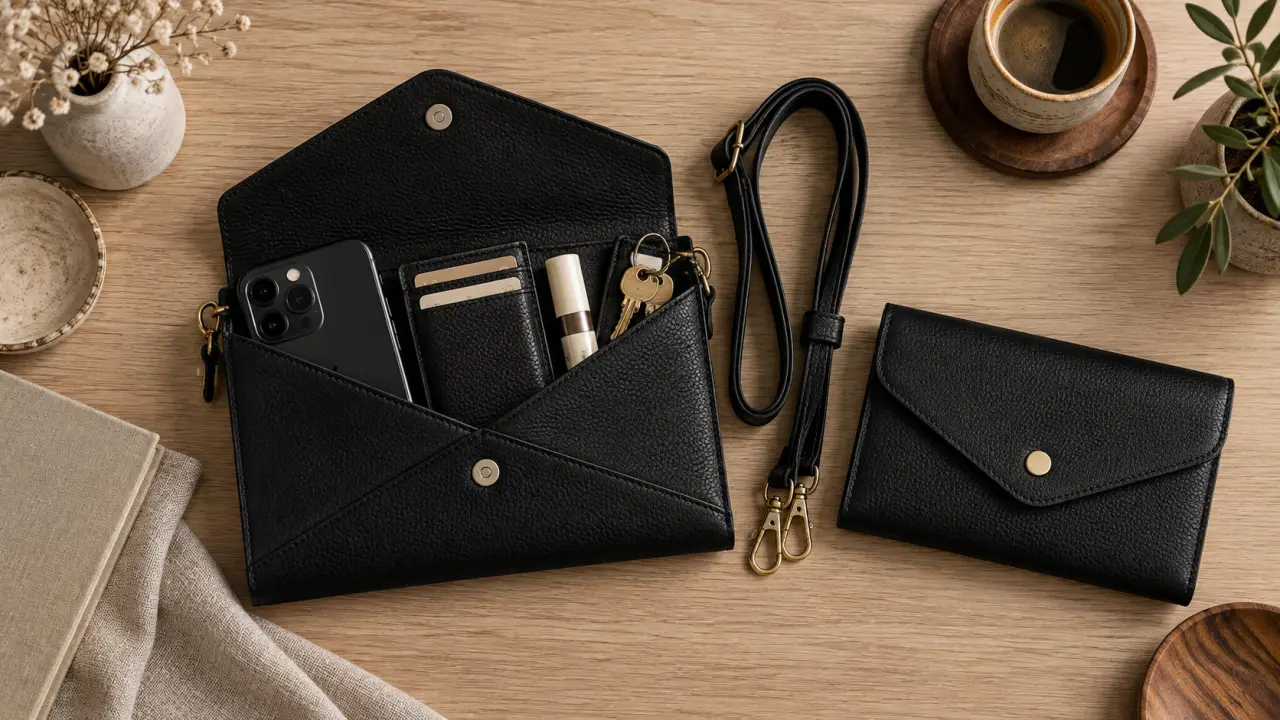 Pochette sac à main en cuir noir ouverte, essentiels rangés, téléphone et clés visibles
