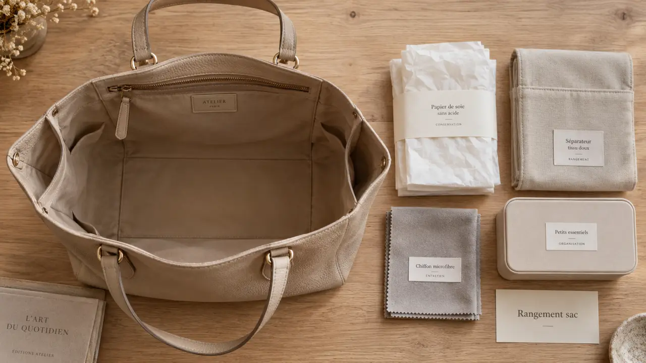 Rangement sac à main : sac en cuir beige ouvert, anses protégées