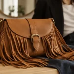 Sac à main a frange en cuir camel, franges et denim