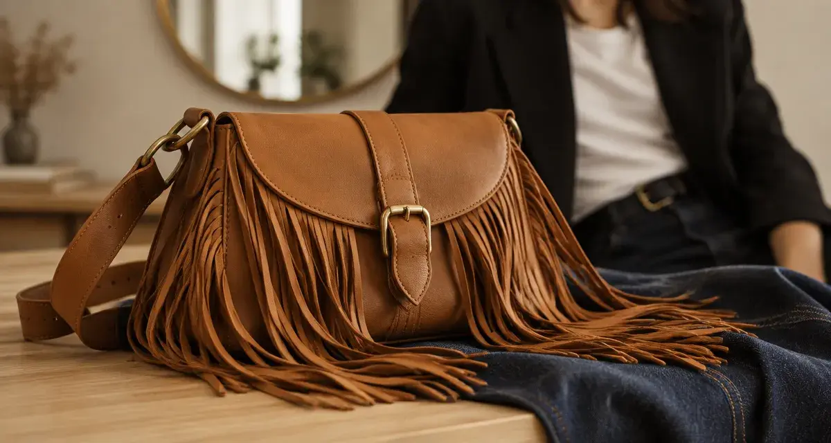 Sac à main a frange en cuir camel, franges et denim