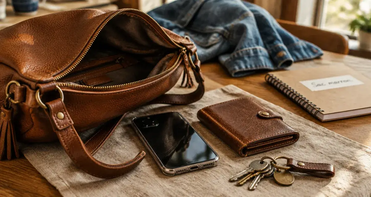 Sac à main marron en cuir près d’un bureau