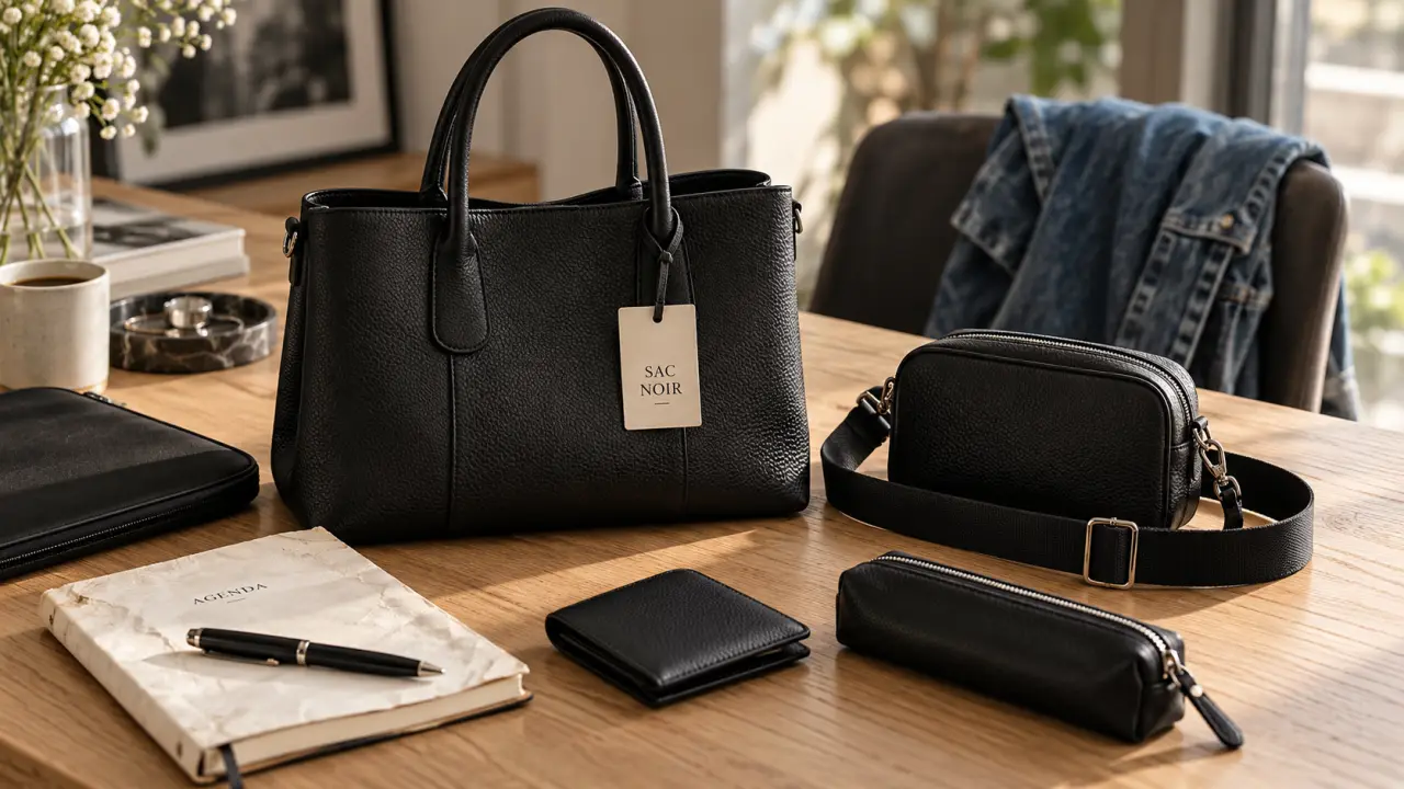 Sac à main noir en cuir avec bandoulière, format parfait pour tout emporter