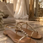Sandale bijoux femme en cuir camel et brides dorées