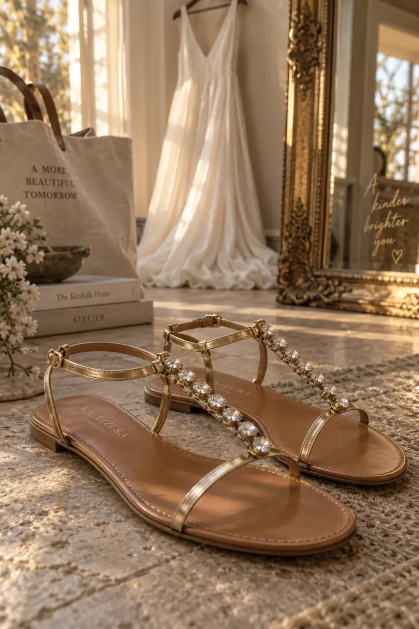 Sandale bijoux femme en cuir camel et brides dorées